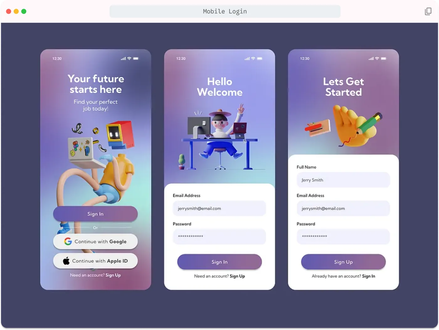 Mobile Login: sign-in and sign-up screens