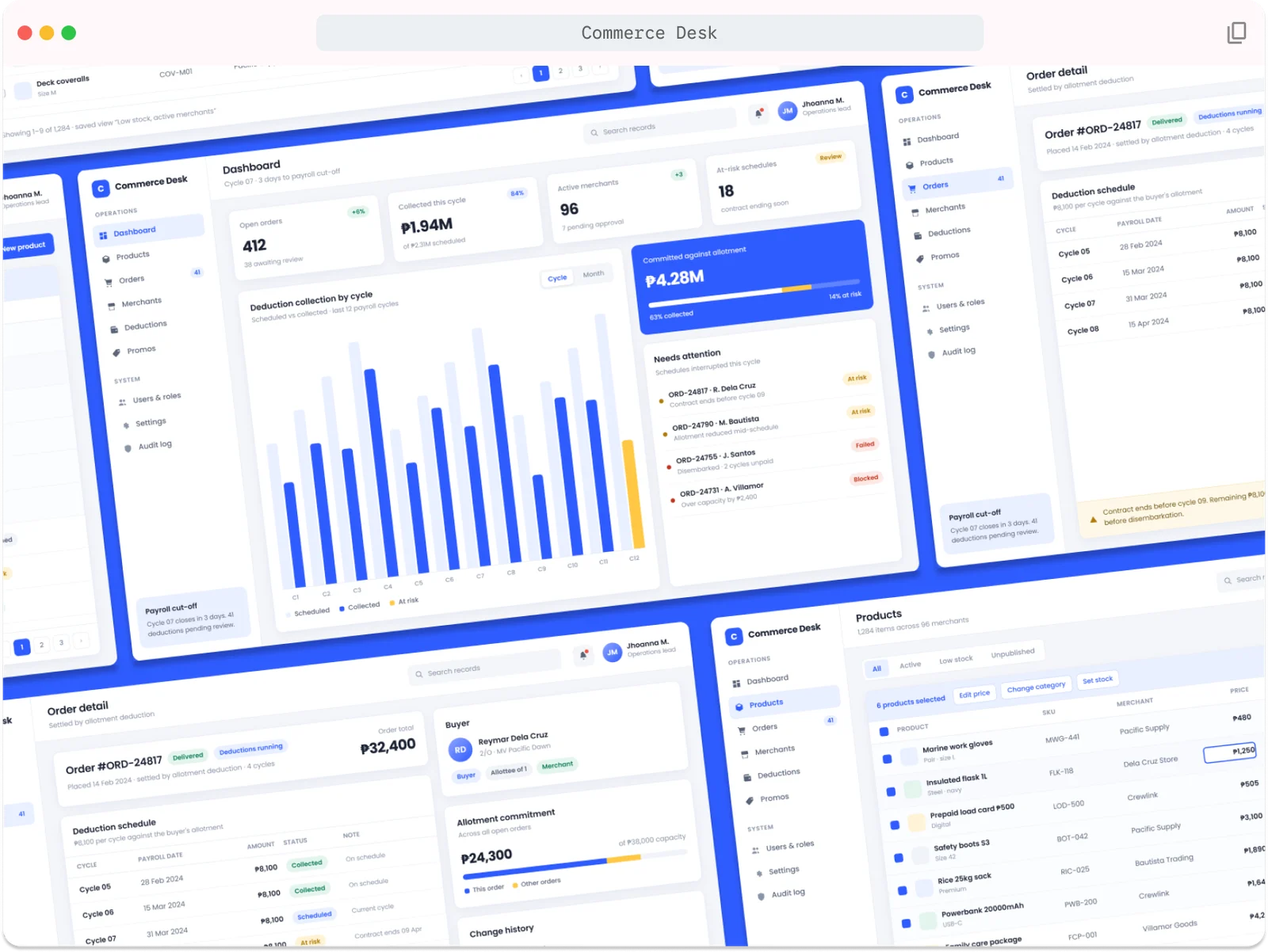 Commerce Desk screens: dashboard, order detail and products, tilted in a window