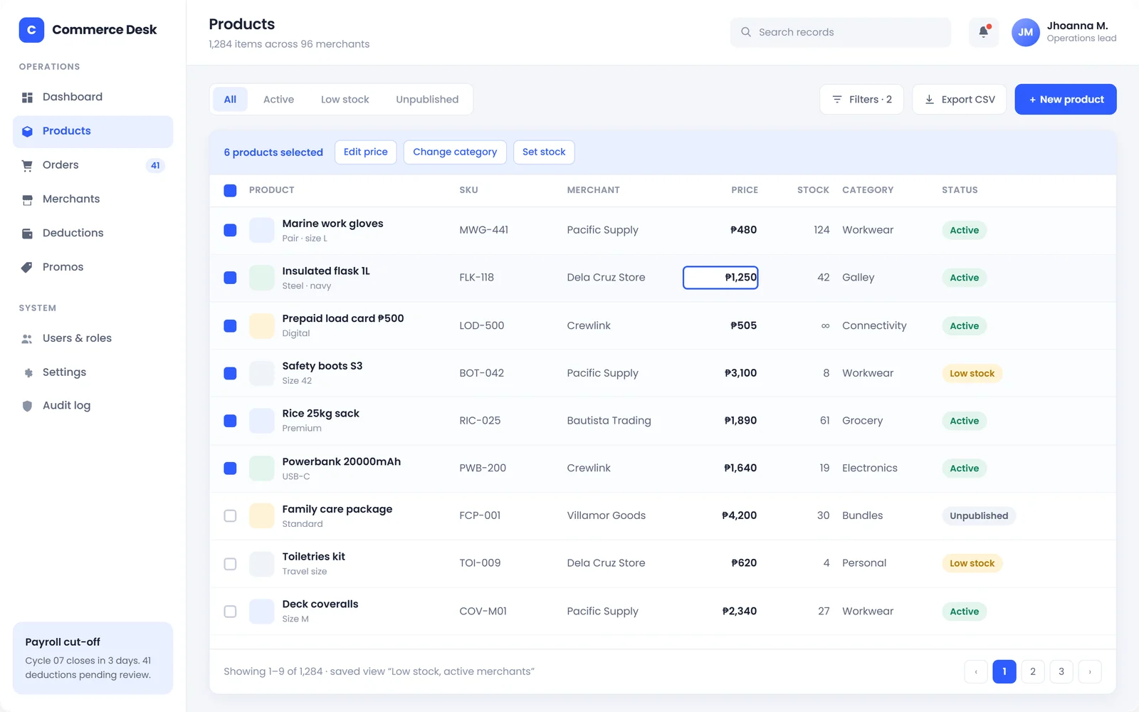 Products table with saved view tabs, bulk actions for selected rows, and inline price editing