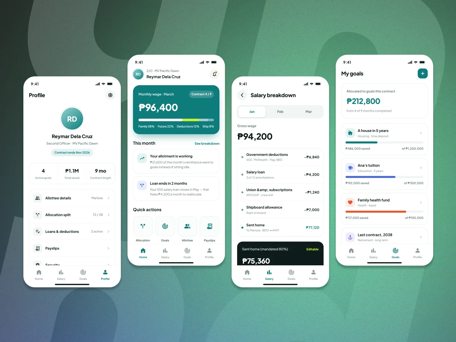 Fund My Future screens: profile, home with monthly wage split, salary breakdown, and savings goals