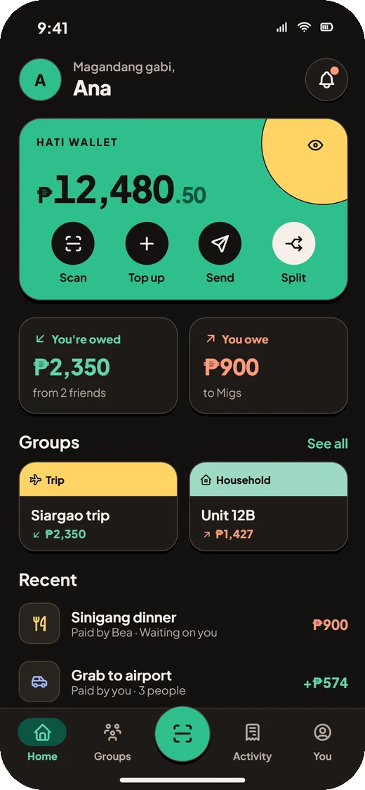 Home screen in dark mode