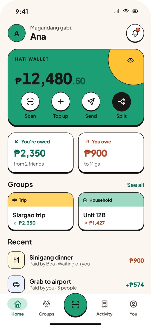 Home: Hati wallet balance, you're owed and you owe cards, groups and recent activity