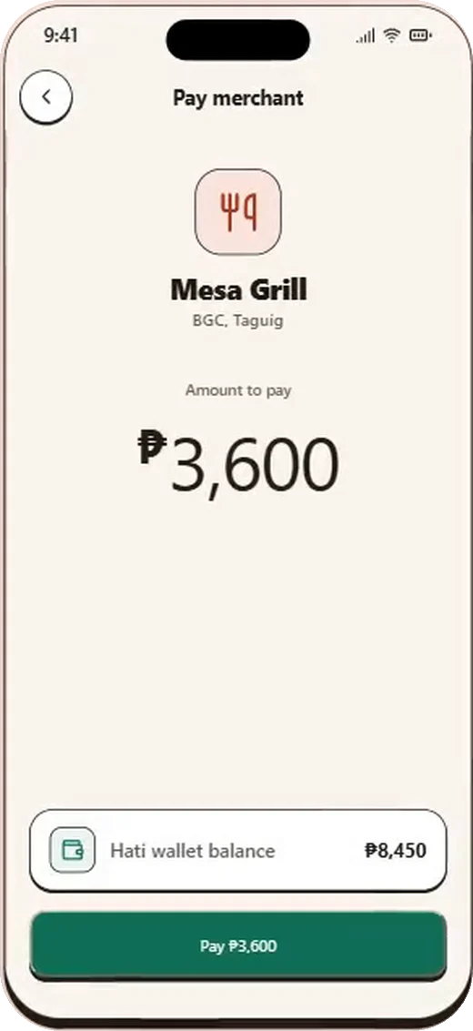 Pay merchant screen: ₱3,600 to Mesa Grill from the Hati wallet