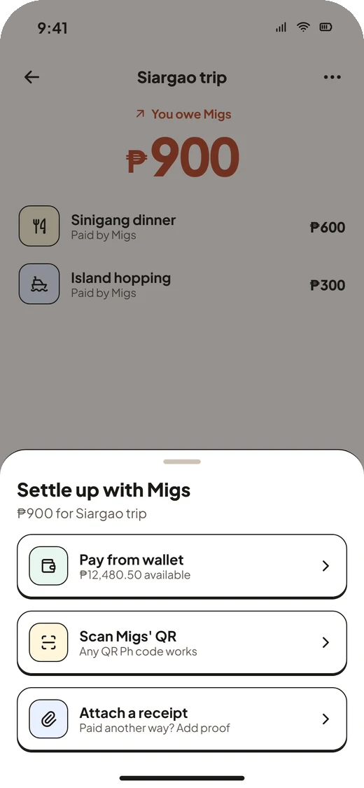 Settle up with Migs: pay from wallet, scan their QR, or attach a receipt