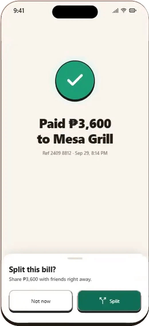 Payment success with a 'Split this bill?' sheet
