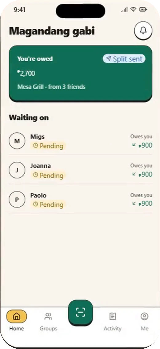Home showing who still owes you, all pending