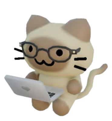 Siamese cat mascot with glasses typing on a laptop