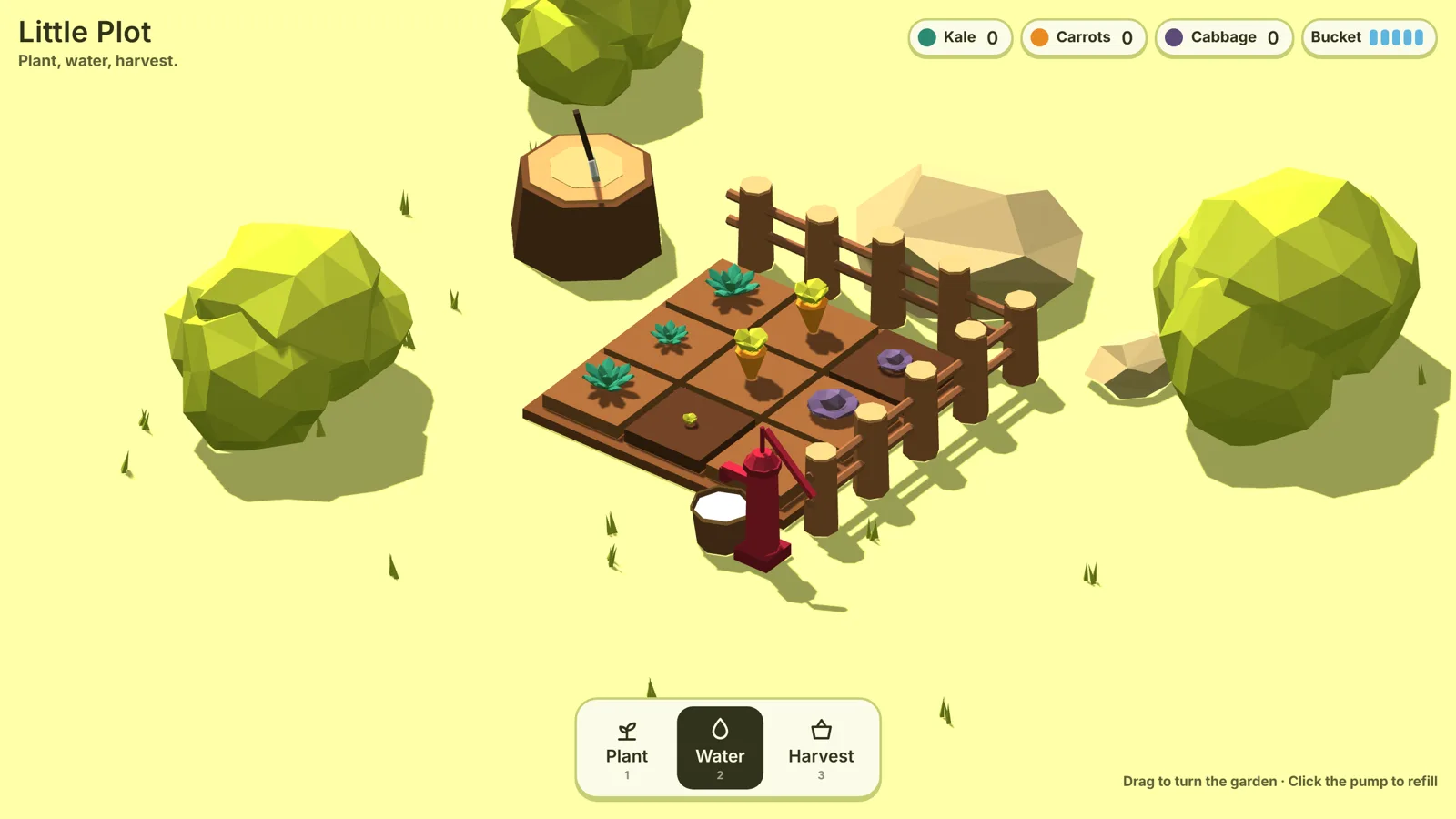 Little Plot: a low-poly garden with kale, carrots and cabbage, a fence, a stump and a red water pump